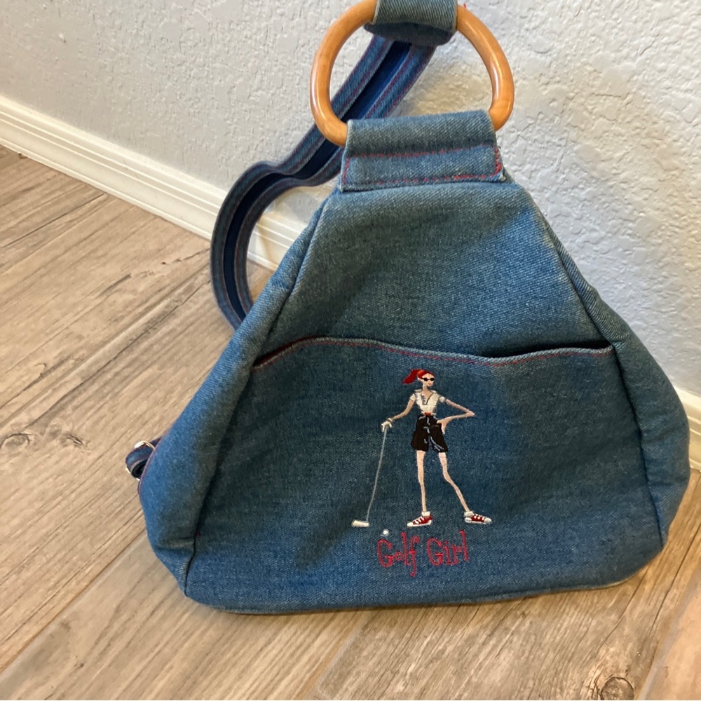 The Girls Sunny Hawaii Gold Girl Blue Jean Denim Backpack Sling Tote Bag
